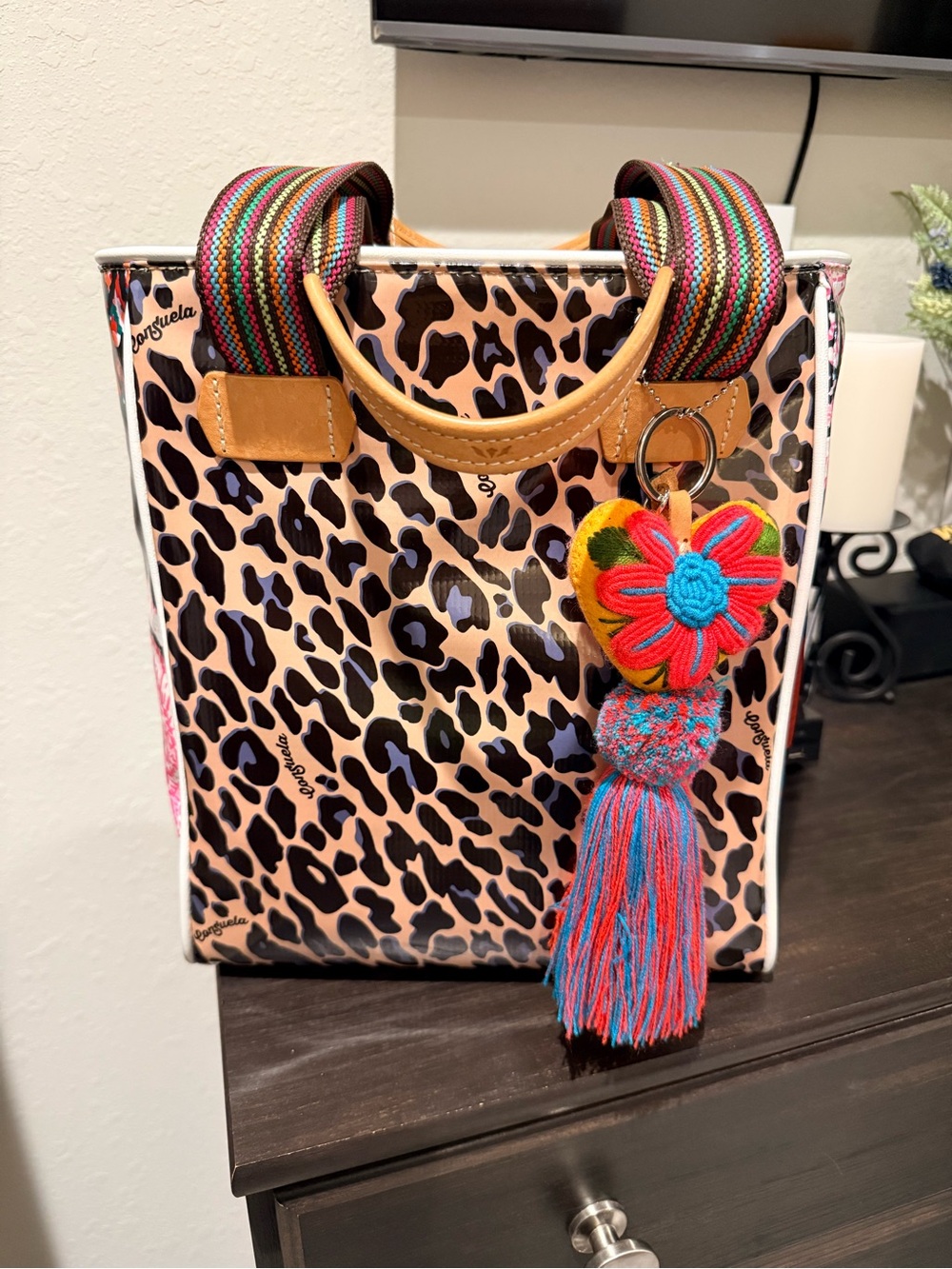Consuela Pink Leopard Tote with Multicolor Strap & Tassel Charm